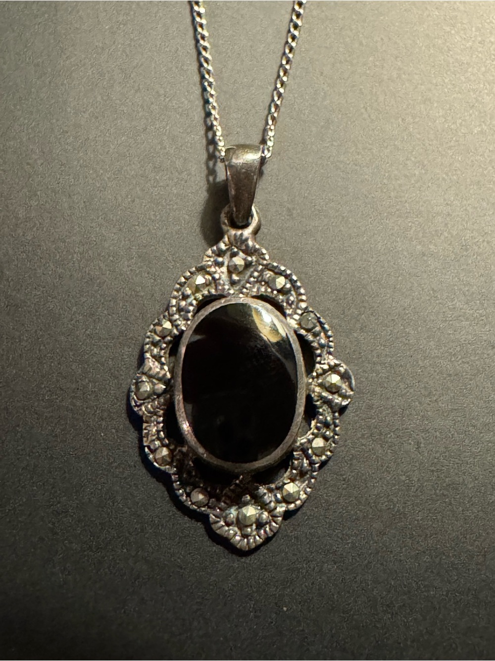 Vintage Sterling Silver Onyx & Marcasite Necklace - 18” Chain